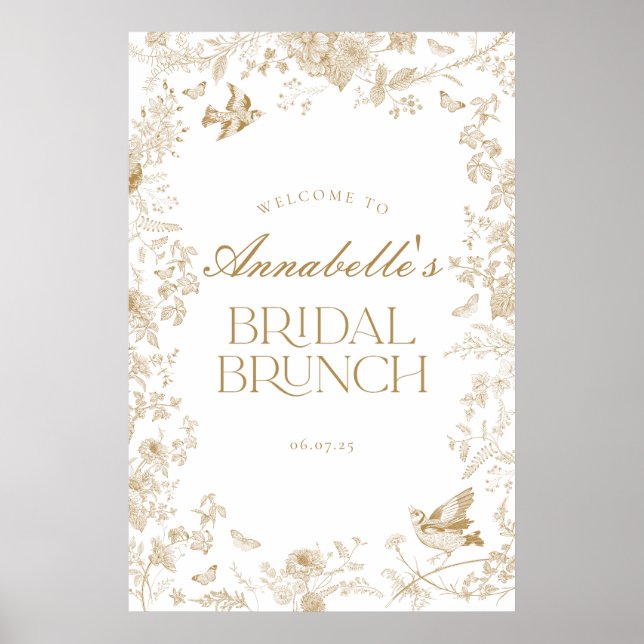 Guld Toile Jouy Blommigt Möhippa Brunch Välkomstte Poster (Framsidan)