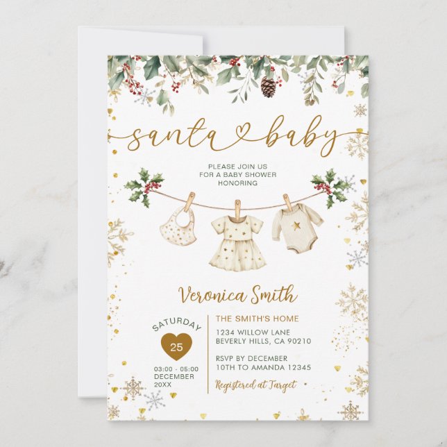 Guld Tomte Baby Shower Kläder Jul Blommig Inbjudningar (Framsida)