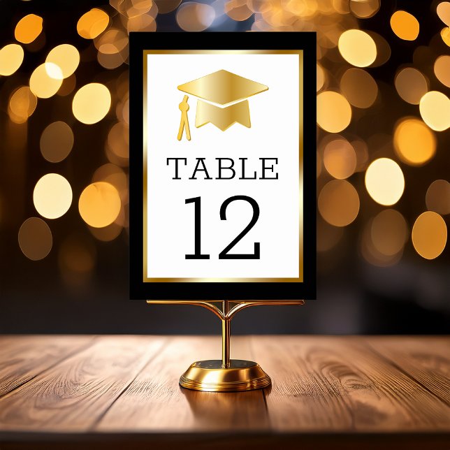 Guld Tone Grad Cap på Black Classy Studenten Bordsnummer (Gold Tone Grad Cap Graduation Table Number Cards with Black Text - Black Printed Frame)