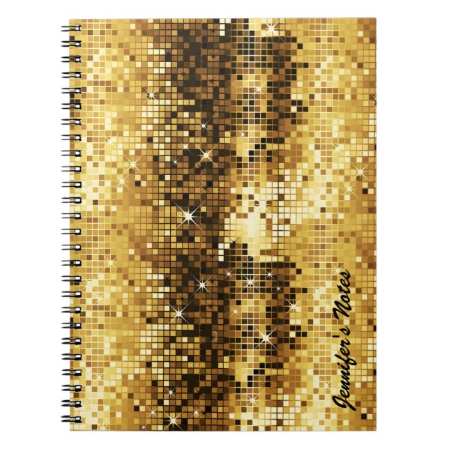 Guld Tones Retro Discoball Glitter Anteckningsbok Med Spiral (Framsidan)