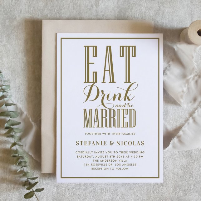 Guld, torka och vara gift Bröllop Inbjudningar (Gold Eat, Drink and be Married Wedding Invitation)