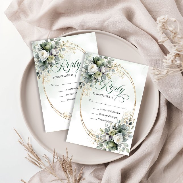 Guld Touch Watercolor Eukalyptus Grön Bröllop  OSA Kort (Golden Touch Watercolor Eucalyptus Green Wedding RSVP Card)