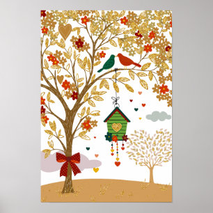 Guld Träd av Love Bird Couple Kissing Poster