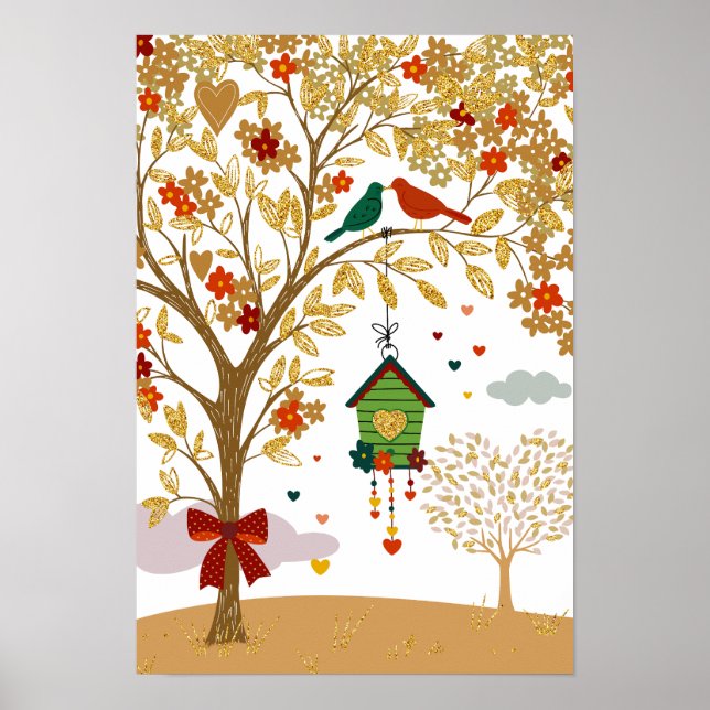 Guld Träd av Love Bird Couple Kissing Poster (Framsidan)