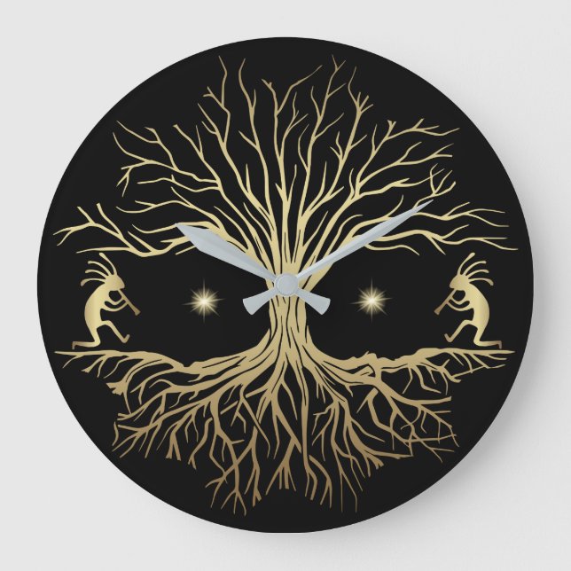 Guld Träd i Kokopellis Square Wall Clock Stor Klocka (Framsida)