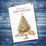 Guld Träd Maltesiskt julkort för Hund Helgkort<br><div class="desc">På framsidan av detta julkort bär en hedervärd maltesisk Hund en röd och vit julhatt och sitter framför Helgdag träd. Träd är dekorerat i guld, och det är under det paket som det är. Guld och den röda texten säger: "Vill du ha ett GOD JUL". Inuti text-fält som du kan...</div>
