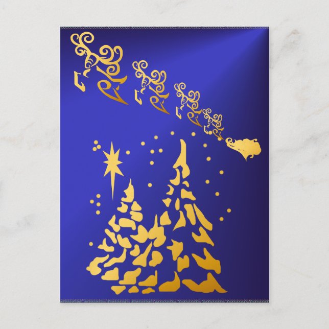 Guld Träd och Santas Reindeer Postcard Helg Vykort (Framsida)