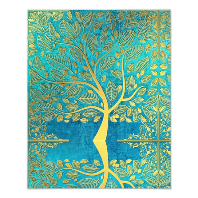 Guld träd reflektion över Blue Peacock Fototryck (Framsidan)