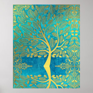 Guld träd reflektion över Blue Peacock Poster