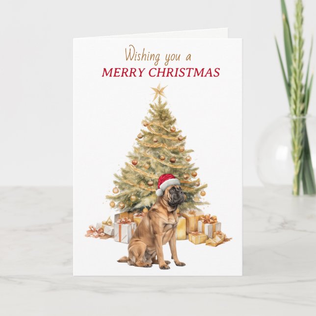 Guld Träd Santa Hatt Mastiff Hund Julkort Helgkort (Framsida)