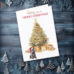 Guld Träd Scottish Terrier Hund-julkort Helgkort<br><div class="desc">På framsidan av detta julkort bär en berömvärd skotsk terrier-Hund en röd och vit julhatt och sitter framför Helgdag träd. Träd är dekorerat i guld, och det är under det paket som det är. Guld och den röda texten säger: "Vill du ha ett GOD JUL". Inuti text-fält som du kan...</div>