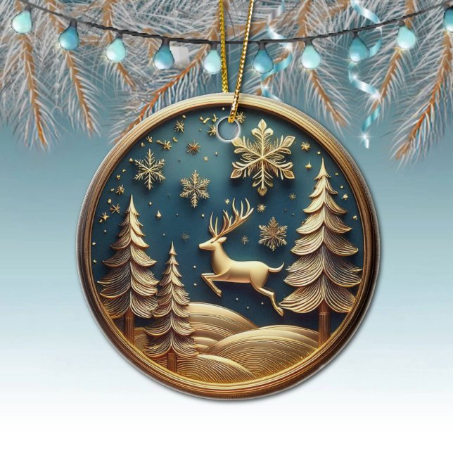 Guld,, Träd, Snöflingor, Hjort, 🦌 🎄 Julgransprydnad Keramik (Golden Flying Reindeer, Deer Antlers, Trees, Moon, Snowy Night Winter Scene Ornament Front/Back 🦌🎄)
