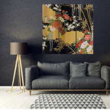 Guld Traditionell japansk Blommigt Wall Art Tripty