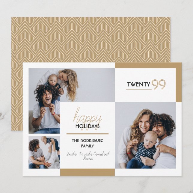 Guld Tre-Foto Glad jul Julkort (Fram/baksida)