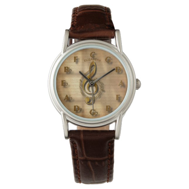 Guld, treble Clef Clock med cirkel av Fifths Music Armbandsur (Framsida)
