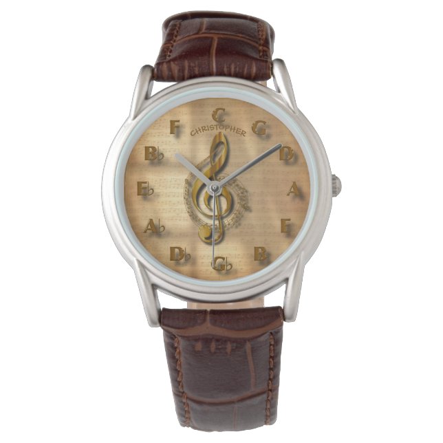 Guld, treble Clef Clock med cirkel av Fifths Music Armbandsur (Framsida)