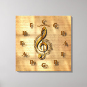 Guld, treble Clef Clock med cirkel av Fifths Music Canvastryck