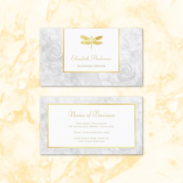 Guld Trollslända Vit Marmor Blommig Visitkort (Elegant Gold Dragonfly White Rose Marble Business Cards)