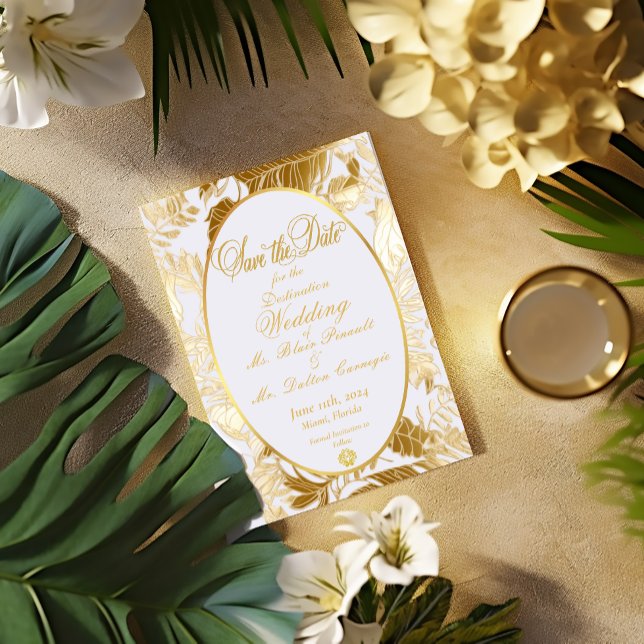 Guld Tropical Destination Wedding Datumet sparas OSA Kort (Stunning and Elegant Formal Destination Wedding Tropical Gilded Gold Monstera Leaf Save the Date  )