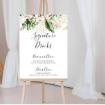 Guld Tropical Foliage Blommigt Namnteckning Drinks Poster<br><div class="desc">Denna blommigt av tropisk löv från guld namnteckning dryckesskylt är perfekt för ett bröllop. Konstruktionen har handmålad vattenfärg guld och tropisk grönt med  blommor av elegant. Anpassa tecknet med namn på bruden och trippen och deras favoritdryckval.</div>