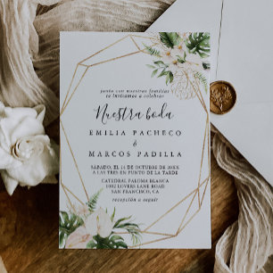Guld Tropical Foliage Blommigt Nuestra Boda Bröllo Inbjudningar