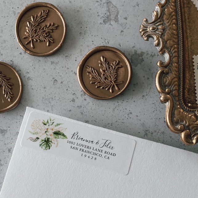 Guld Tropical Foliage Blommigt Returadress Etikett (Skapare uppladdad)