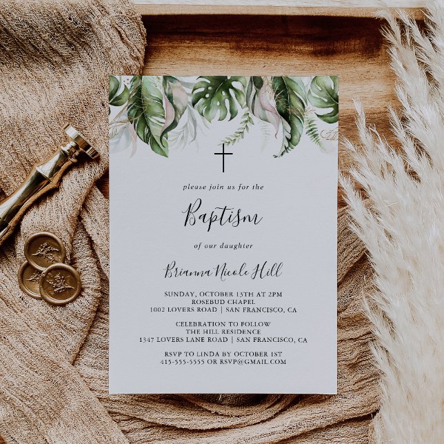 Guld Tropical Greenery Baptism Inbjudningar (Skapare uppladdad)