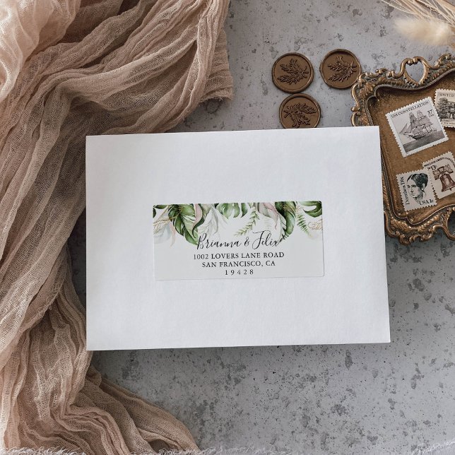 Guld Tropical Grey Bröllop OSA Address Label Adressetikett (Skapare uppladdad)
