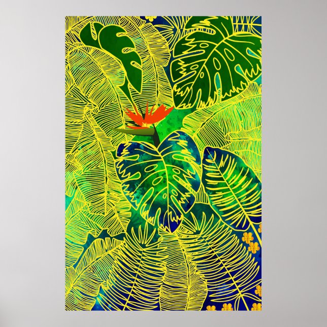 Guld Tropical Jungle Grönt Löv Watercolor Poster (Framsidan)