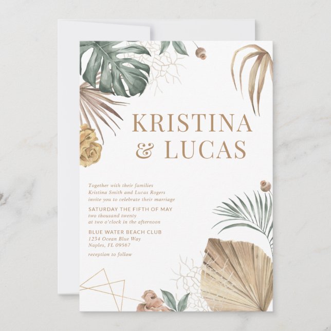 Guld Tropical Oasis Destination Wedding Inbjudningar (Framsida)