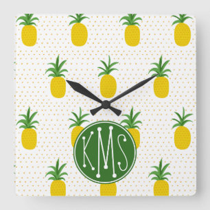 Guld- tropisk Monogram för ananas   Fyrkantig Klocka
