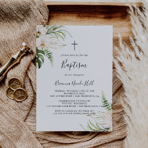 Guld Tropiska Blommigten Foliage Baptism Inbjudningar