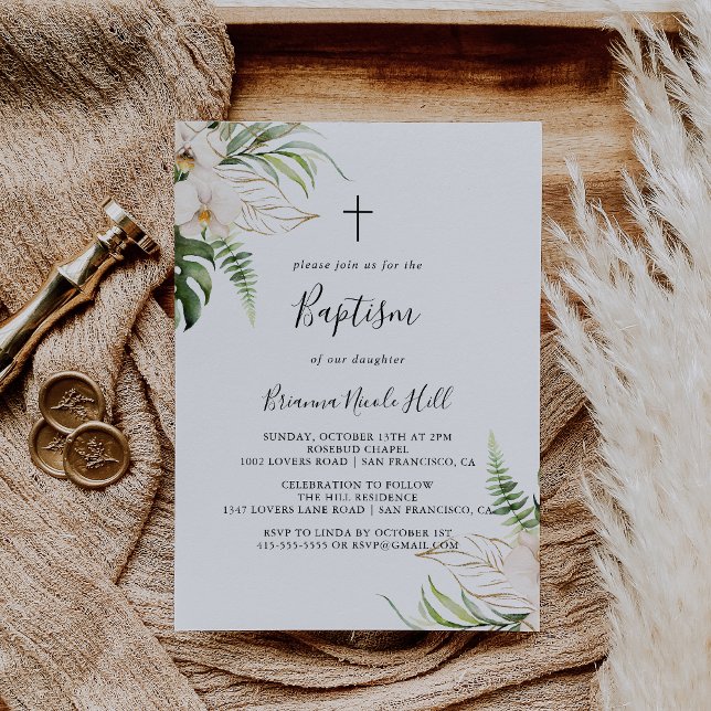 Guld Tropiska Blommigten Foliage Baptism Inbjudningar (Skapare uppladdad)