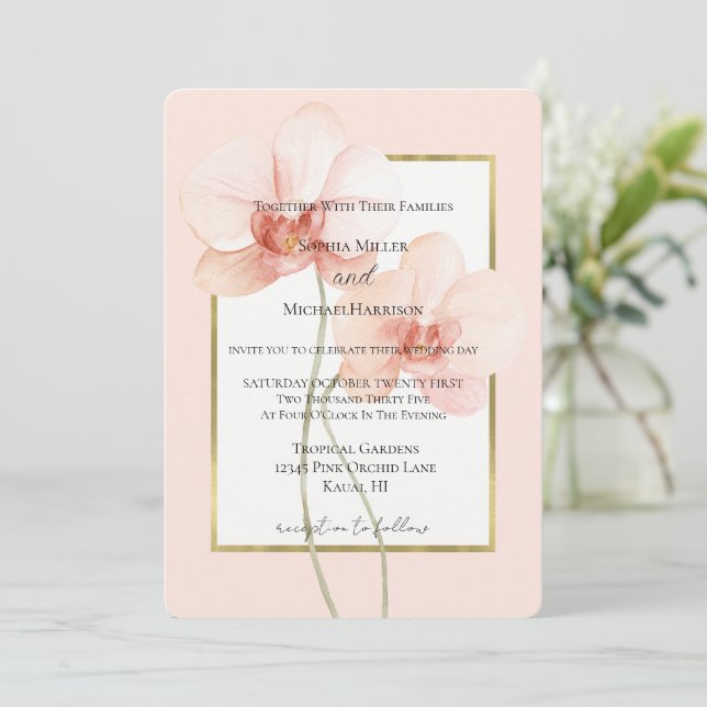 Guld Tropiska Rosa Orkidé Blommor Bröllop Inbjudningar (Stående Fram)