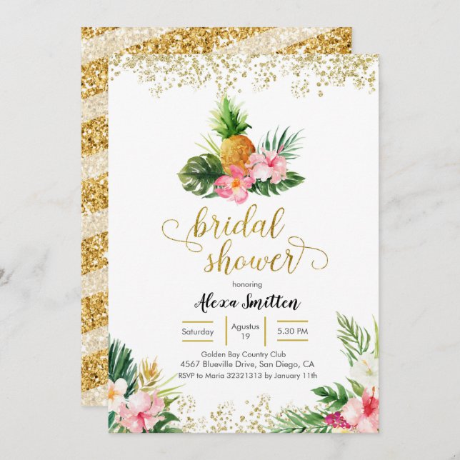 Guld Tropiskt ananas Inbjudningskort för möhippan (Fram/baksida)