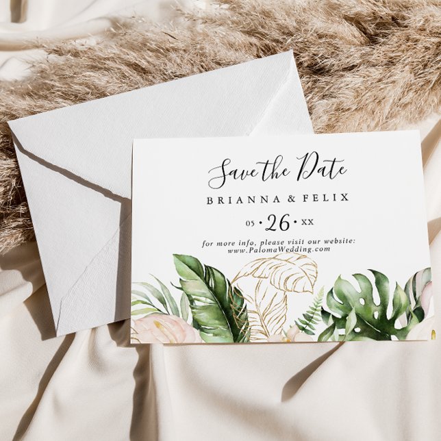Guld Tropiskt Foliage Blommigt Vågrät Bröllop Spara Datumet (Skapare uppladdad)