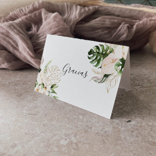 Guld Tropiskt Foliage Foldad Bröllop Gracias Card Tack Kort