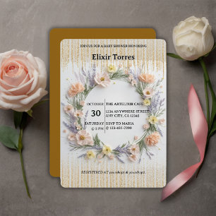 Guld tryckte Wildblomma i babyskor i blomman Inbjudningar