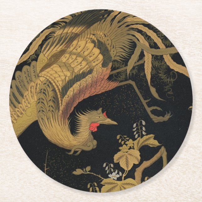 Guld Tupp Bird japansk Classic Antique Underlägg Papper Rund (Framsidan)