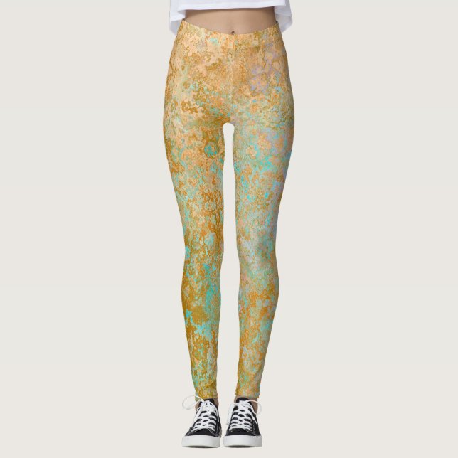 Guld & Turkos Blue Patina Alcohol Bläck Abstrakt Leggings (Framsida)