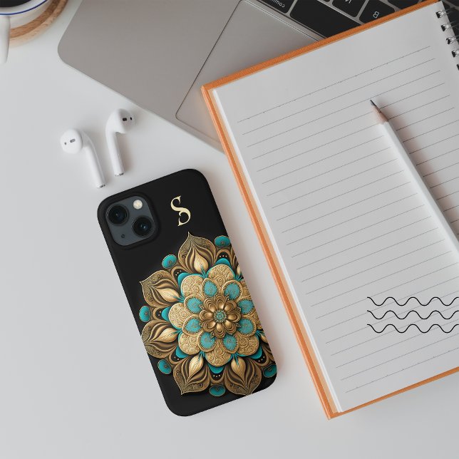 Guld Turkos Lotus Flower Black Monogram (Skapare uppladdad)