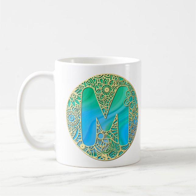 Guld, Turkos Monogram M och Färgrika Blommor Kaffemugg (Vänster)
