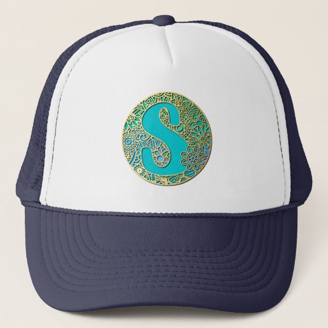 Guld, Turkos Monogram S och Färgrika Blommor Keps (Framsida)