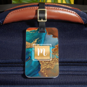 Guld turkos orange marble vattencolor monogram bagagebricka