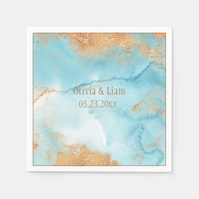 Guld Turquise Abstrakt Namn Modern Bröllop Pappersservett (Framsidan)