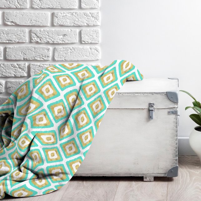 Guld & Turquise Chic Ikat Mönster Fleecefilt (Turquoise and Gold Ikat Pattern Throw Blanket)