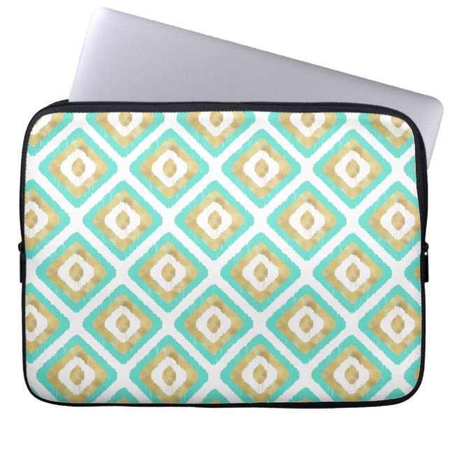 Guld & Turquise Chic Ikat Mönster Laptop Fodral (Framsidan)