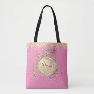 Guld Turtle Glitter Personlig om Rosa Tygkasse