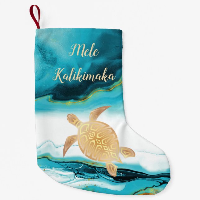 Guld Turtle Tribal Teal Marble Mele Kalikimaka  Liten Julstrumpa (Framsidan)