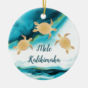 Guld Turtles Mele Kalikimaka Hawaiian Jul Julgransprydnad Keramik